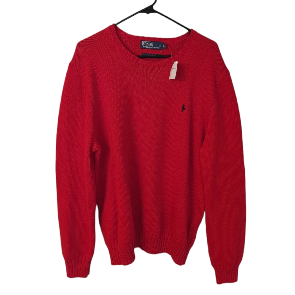 NWT New Polo Ralph Lauren Men’s XL Chunky Crew Neck Pullover Red Cotton Sweater.